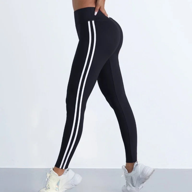 Women's striped yoga leggings black with white side stripes high-waist slim fit pants UpTrend on Tampa Home & Garden Store