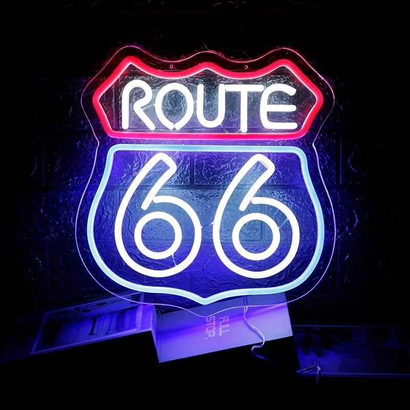 Route 66 neon sign wall art with red top banner and blue shield, white Route and 66 glow on Tampa Home & Garden Store