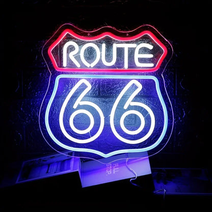 Route 66 neon sign wall art with red top banner and blue shield, white Route and 66 glow on Tampa Home & Garden Store