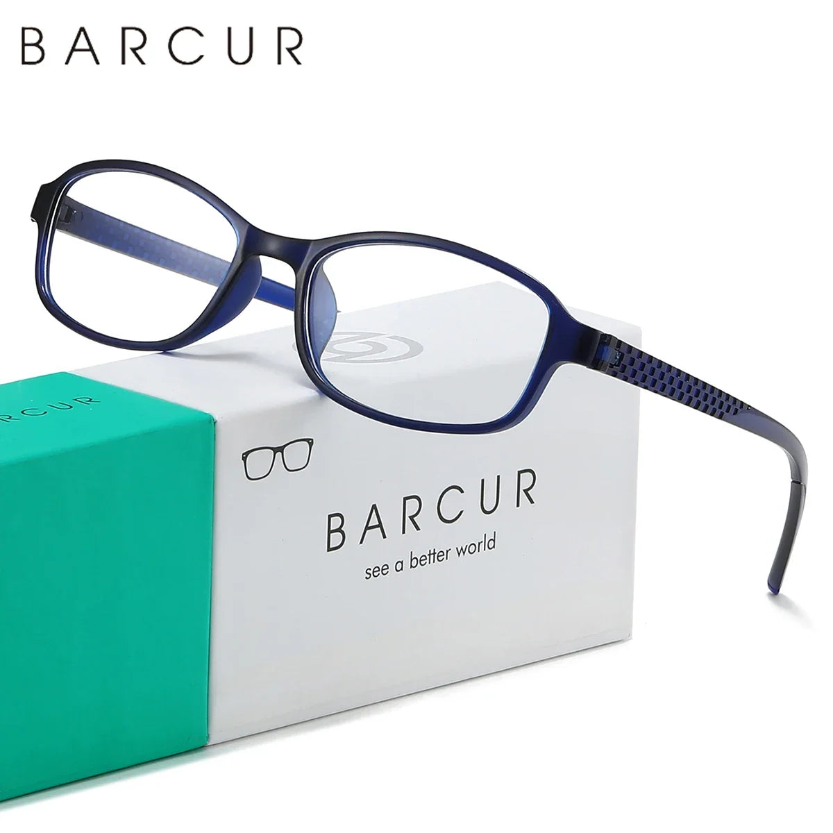 BARCUR navy blue reading glasses with patterned temples and transparent lenses on a BARCUR box on Tampa Home & Garden Store
