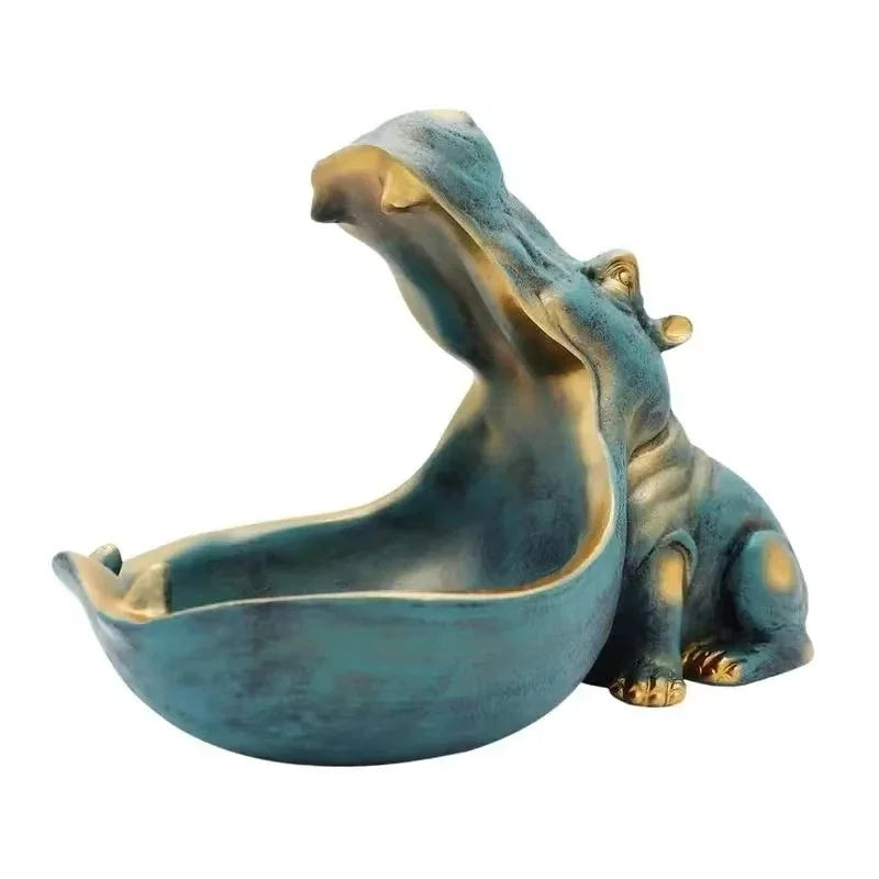Ceramic teal hippo statue with gold accents, open-mouth storage for keys or candy on Tampa Home & Garden Store