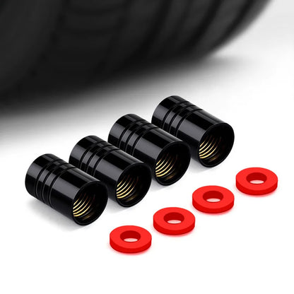 4pcs black aluminium valve stem caps with gold-thread interiors and red sealing washers on Tampa Home & Garden Store