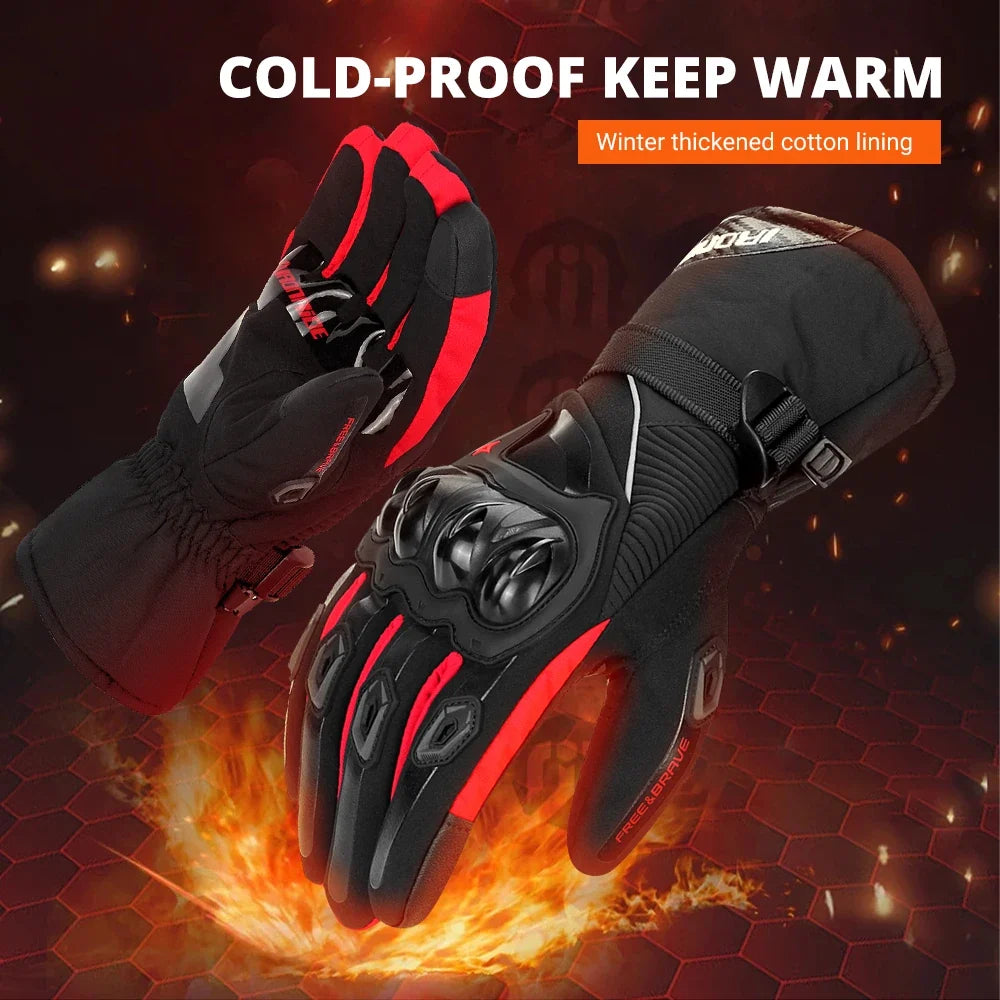 BikerZoneZ Warm Winter Waterproof Windproof anti-slip motorcycle gloves, black with red accents on Tampa Home & Garden Store