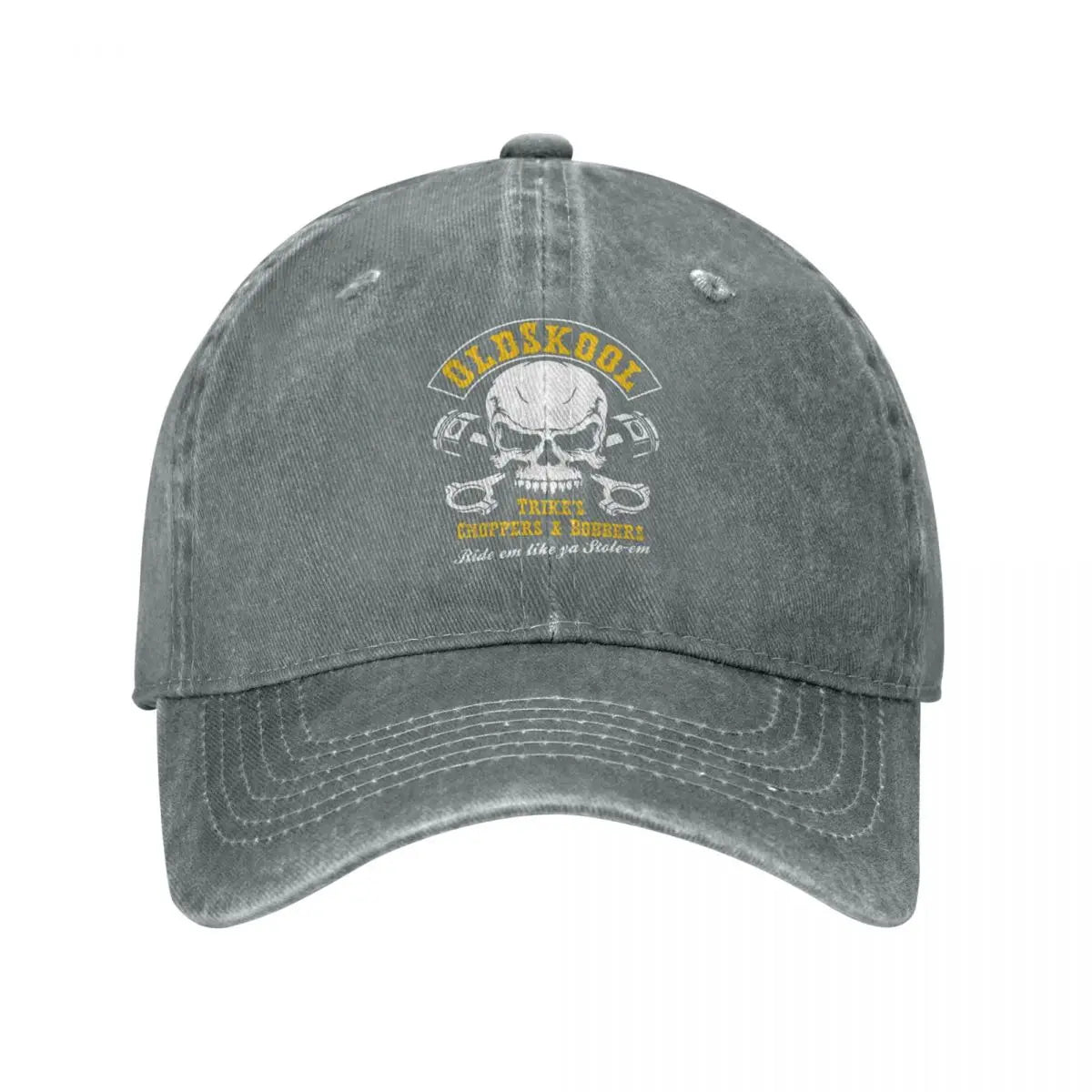 Vintage BSA Chopper cap, gray distressed baseball hat with skull emblem and yellow banner, by BikerZoneZ on Tampa Home & Garden Store