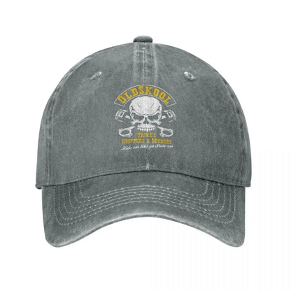 Vintage BSA Chopper cap, gray distressed baseball hat with skull emblem and yellow banner, by BikerZoneZ on Tampa Home & Garden Store