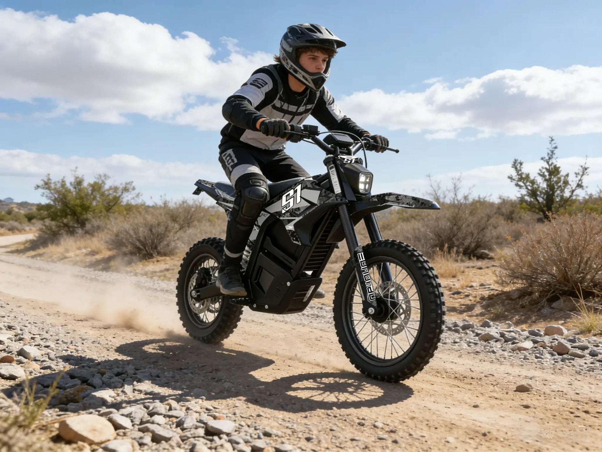 S1 Dirt Bike electric e-dirt bike by EUNORAU E-BIKE US in black with white graphics on Tampa Home & Garden Store