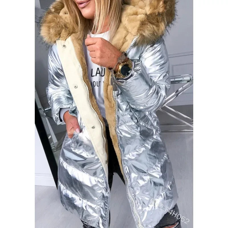 Women's UpTrend Deals metallic silver puffer jacket with beige faux fur collar and hood on Tampa Home & Garden Store