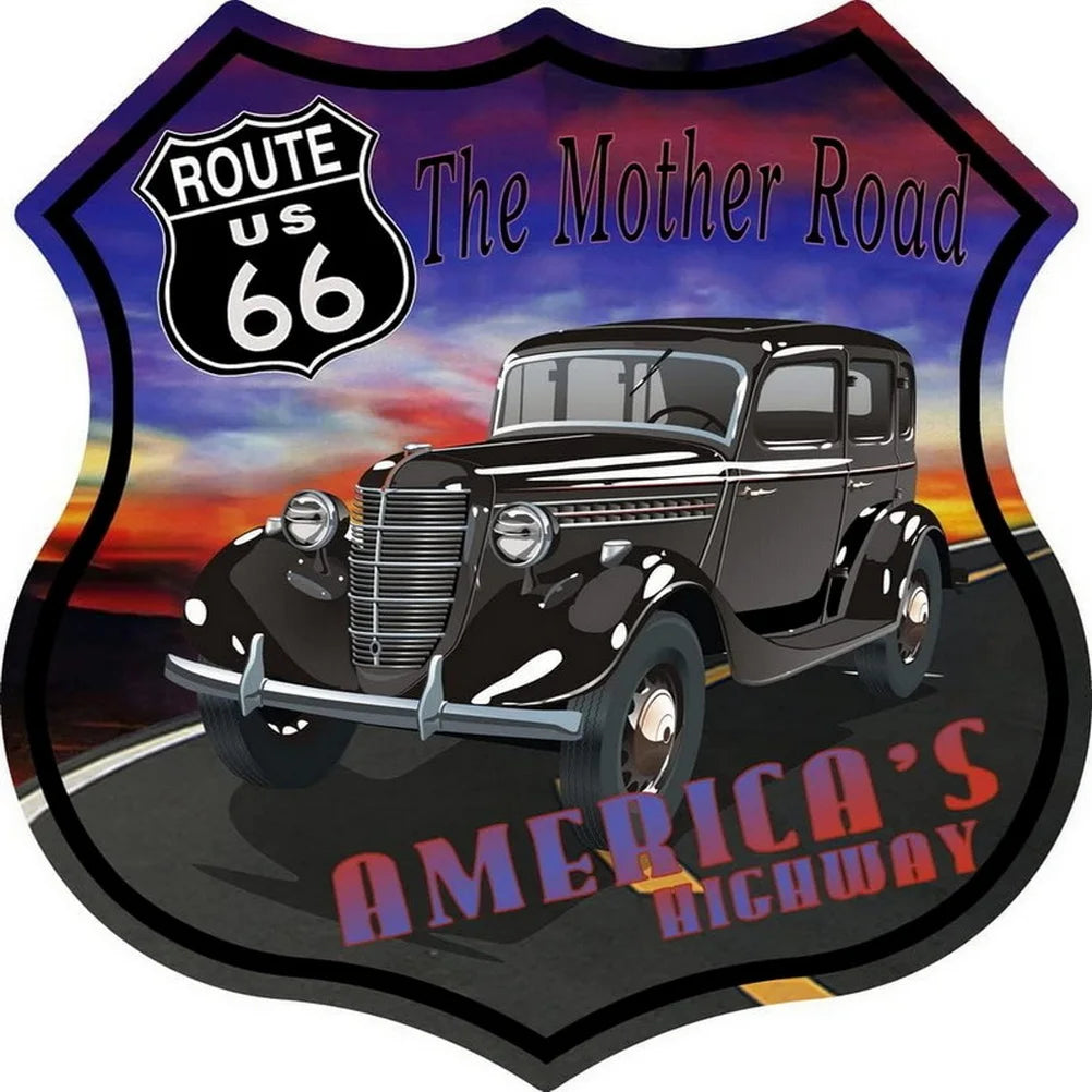 Route 66 Shield Tin Sign featuring The Mother Road and vintage black car on sunset highway on Tampa Home & Garden Store