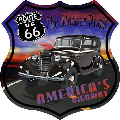 Route 66 Shield Tin Sign featuring The Mother Road and vintage black car on sunset highway on Tampa Home & Garden Store
