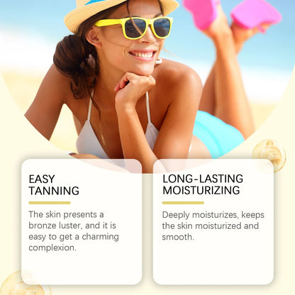 Self-tan lotion by Silcy Skin; beach-ready woman in straw hat and yellow sunglasses on Tampa Home & Garden Store