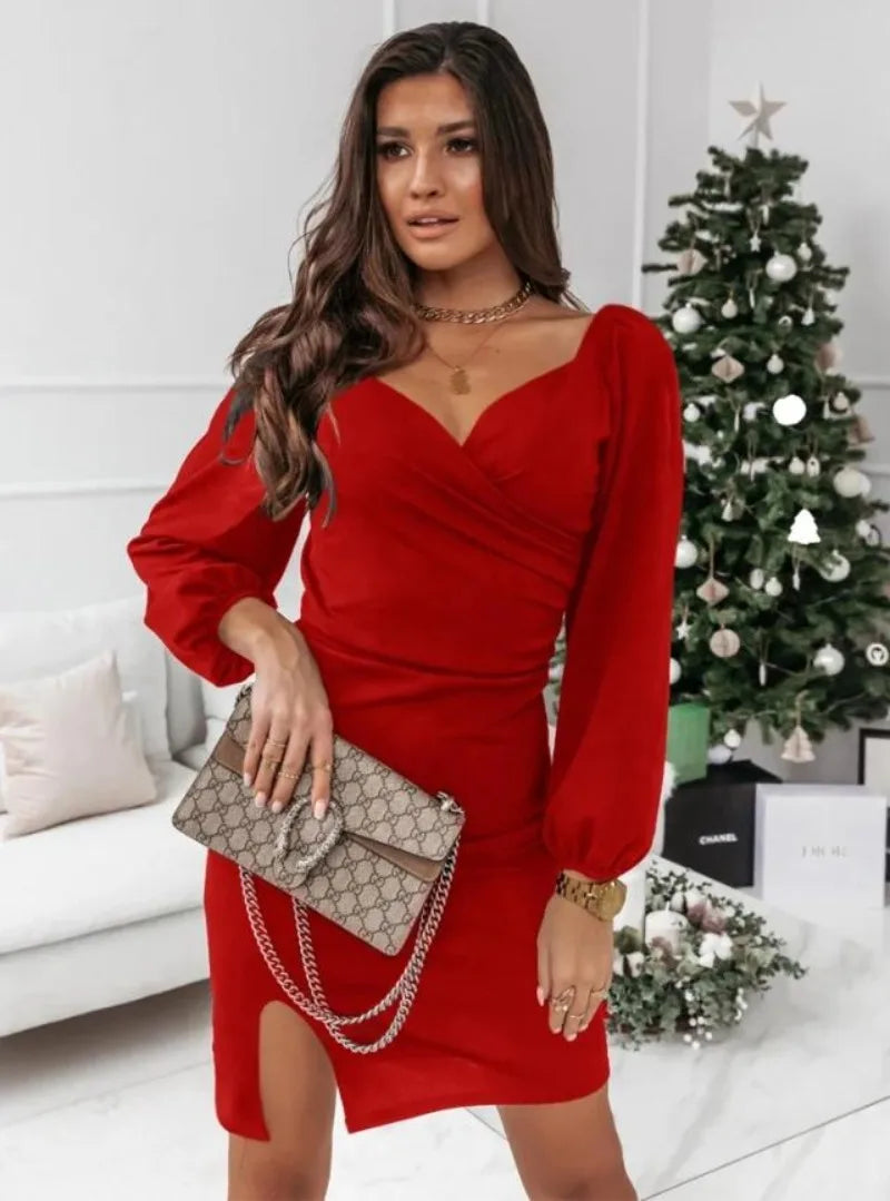 Women's V-Neck Red Dress with puff sleeves, ruched wrap bodice, knee-length slit UpTrend Deals on Tampa Home & Garden Store