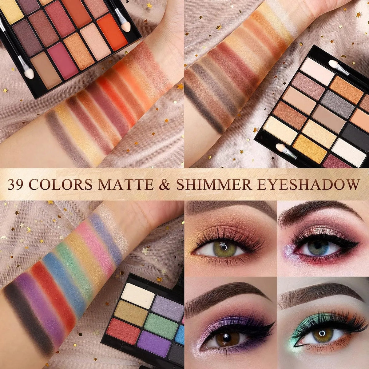 Silcy Skin Color Spirit 39-color matte & shimmer eyeshadow palette set with swatches on arm on Tampa Home & Garden Store