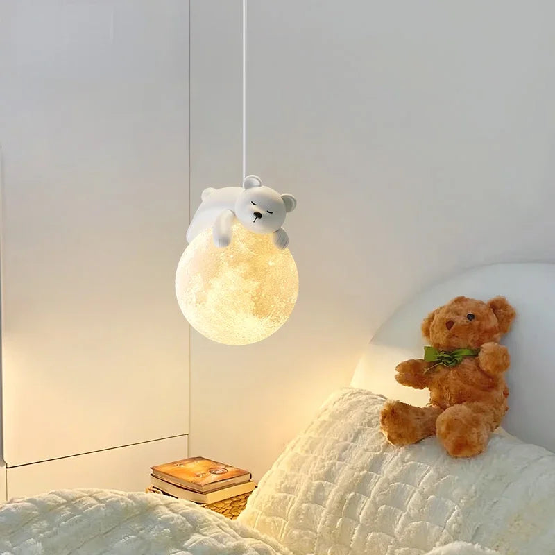 DecorBites Kids Room LED White Bear Pendant Light with glass moon shade and warm glow on Tampa Home & Garden Store