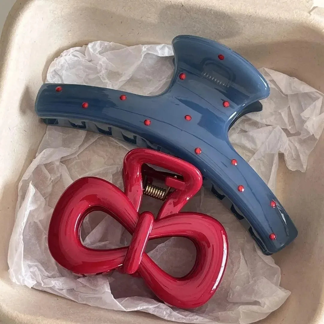 2pc set blue shark-clamp hair clip with red polka dots and a glossy red bow hairpin on Tampa Home & Garden Store