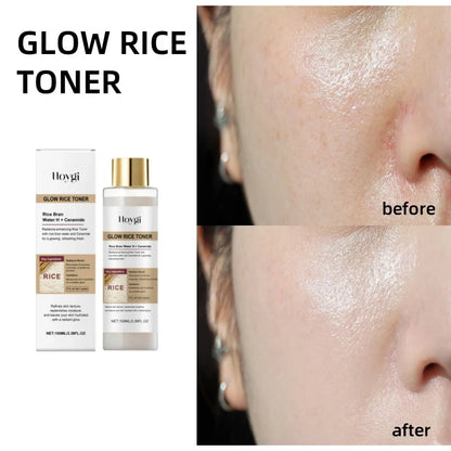 Silcy Skin Glow Rice Toner two-item set with box and bottle, before/after radiant skin on Tampa Home & Garden Store