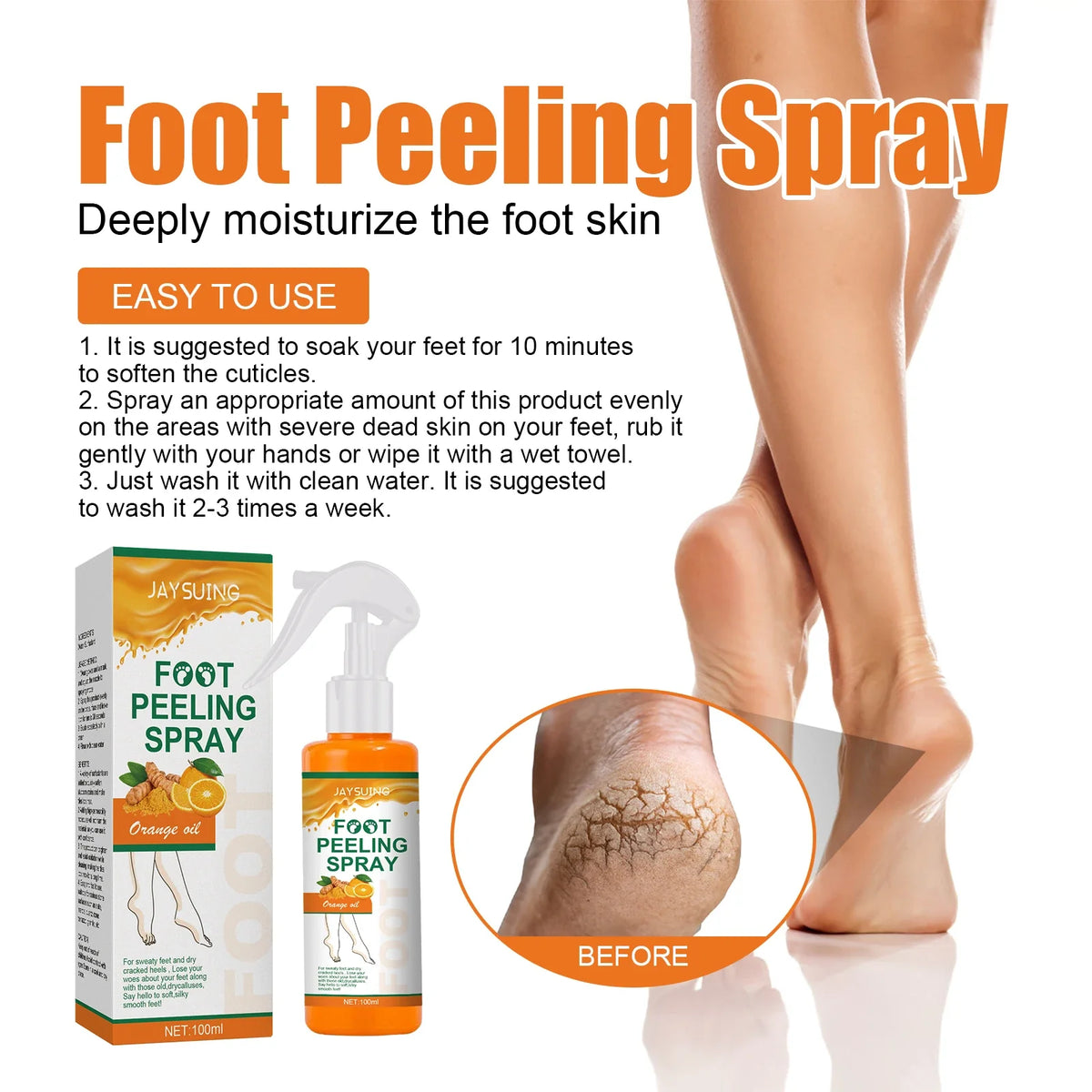 Jaysuing Foot Peeling Spray orange bottle with boxed packaging for foot care by Silcy Skin on Tampa Home & Garden Store