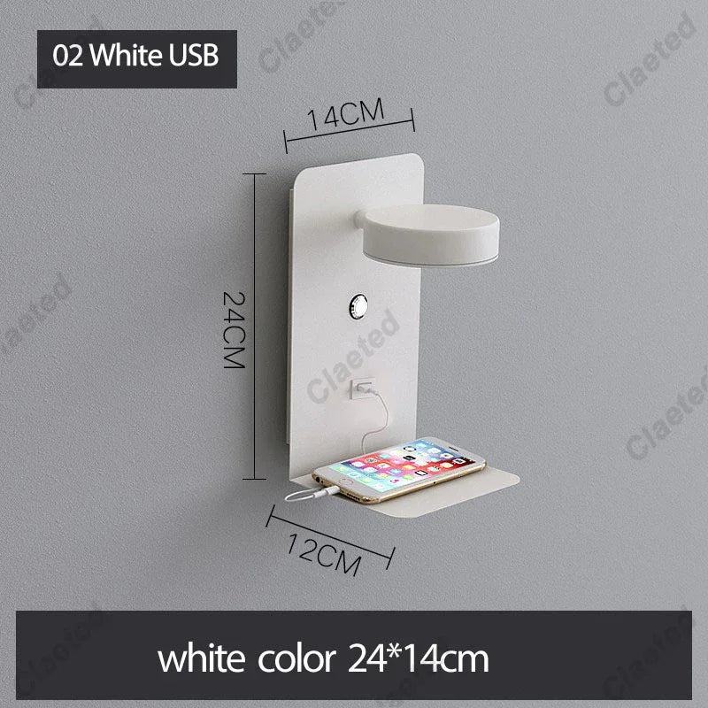 Perfecsy white LED wall light with switch and USB port, wall-mounted panel with top shelf on Tampa Home & Garden Store