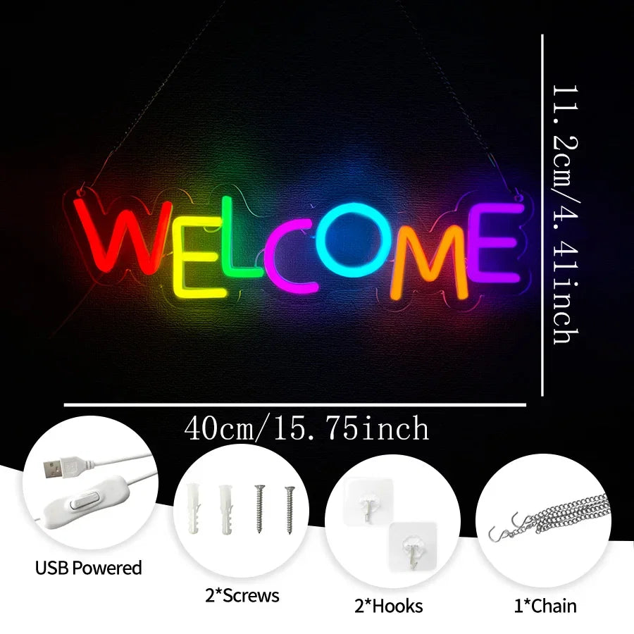 Perfecsy Welcome Neon Sign USB powered LED wall decor 40cm long includes screws hooks on Tampa Home & Garden Store