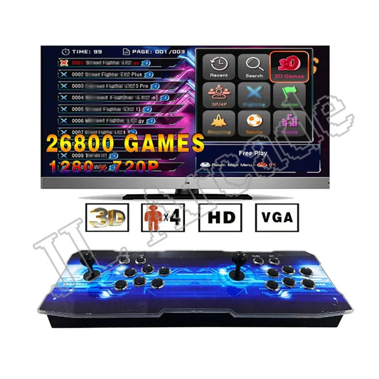 Pandora Saga DX home arcade console with dual-stick arcade controllers and blue LED panel on Tampa Home & Garden Store