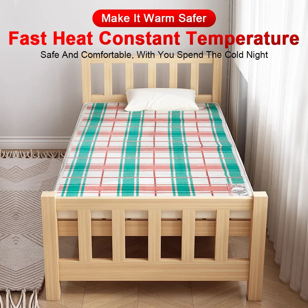 Silcy Skin electric blanket on a light wood twin bed with teal plaid heating mat on Tampa Home & Garden Store