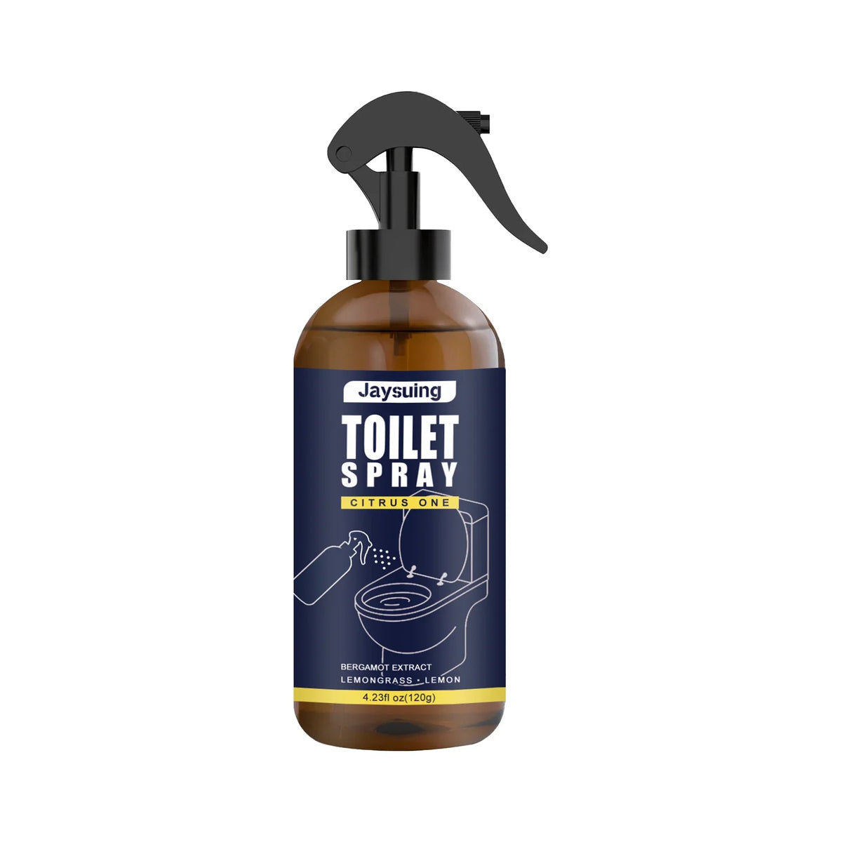 Toilet spray bottle with amber body and black trigger blue Jaysung label bergamot citrus scent on Tampa Home & Garden Store