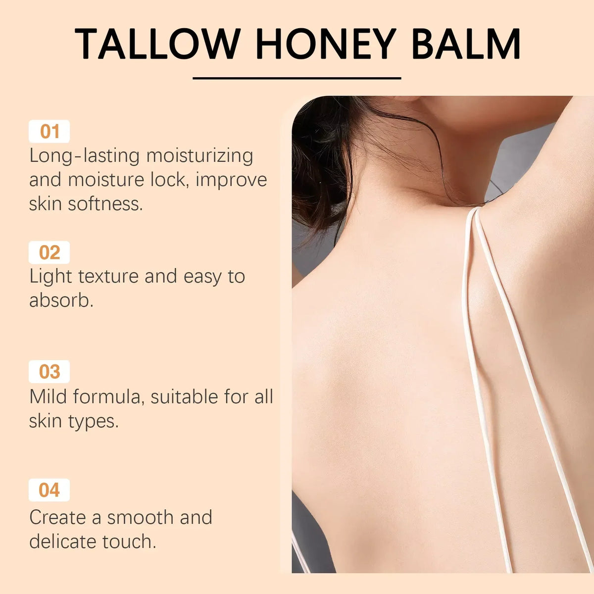 Tallow Honey Balm by Silcy Skin poster with 01–04 benefits on peach background; model back on Tampa Home & Garden Store