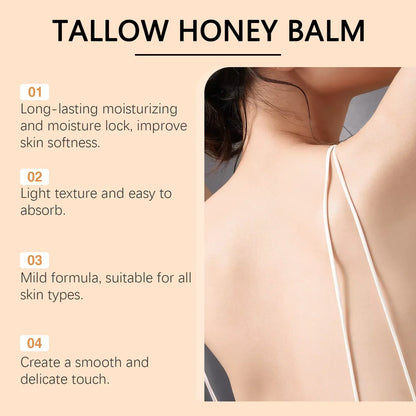 Tallow Honey Balm by Silcy Skin poster with 01–04 benefits on peach background; model back on Tampa Home & Garden Store