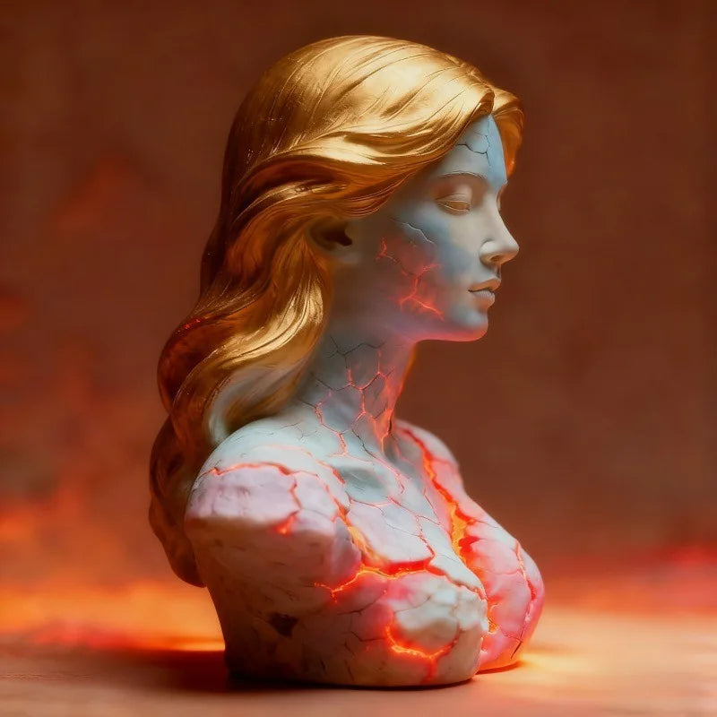 Perfecsy Blazing Maiden figurine bust with lava-crack red glow and gold hair decor on Tampa Home & Garden Store