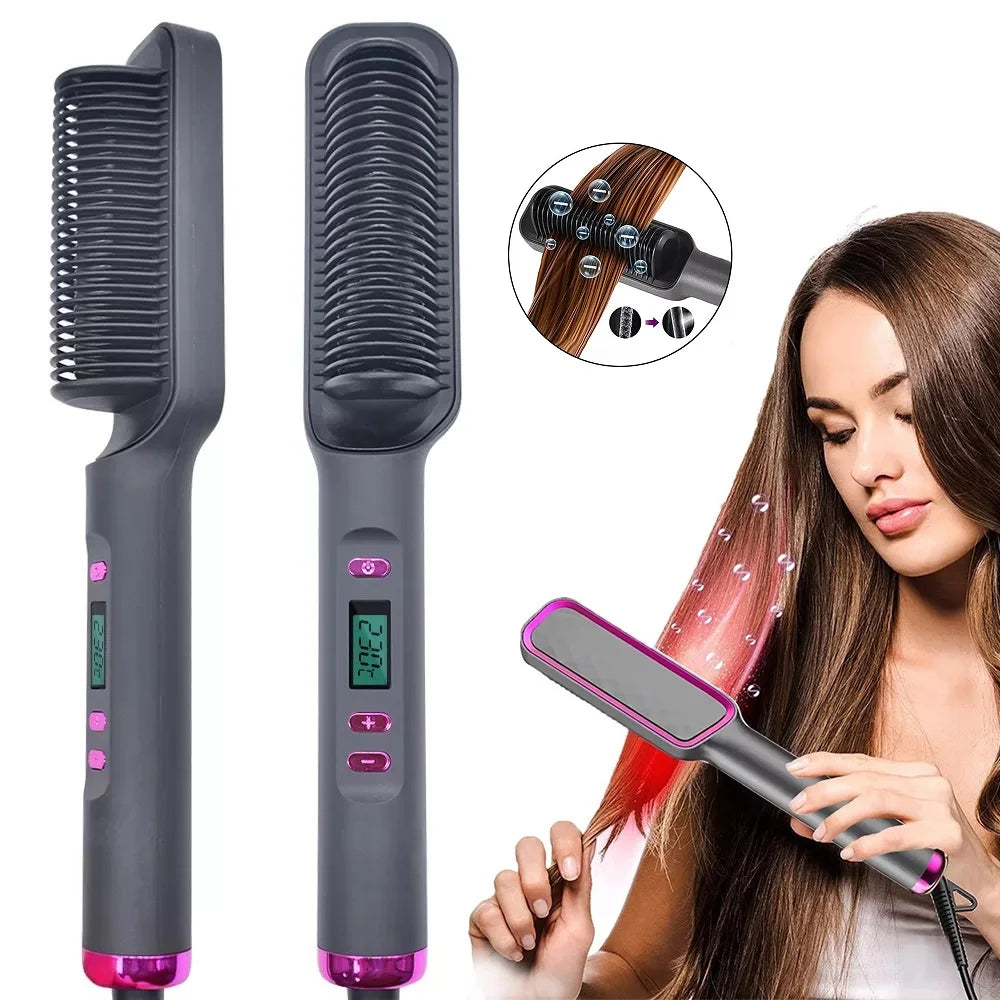 Electric hot comb brush with digital display, gray body, pink accents on Tampa Home & Garden Store