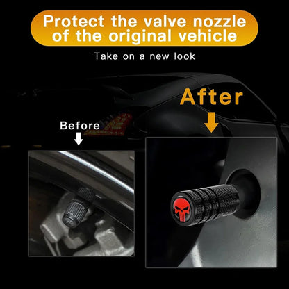 4pcs Skull Valve Caps by BikerZoneZ, knurled metal with red skull logo for tire valves on Tampa Home & Garden Store