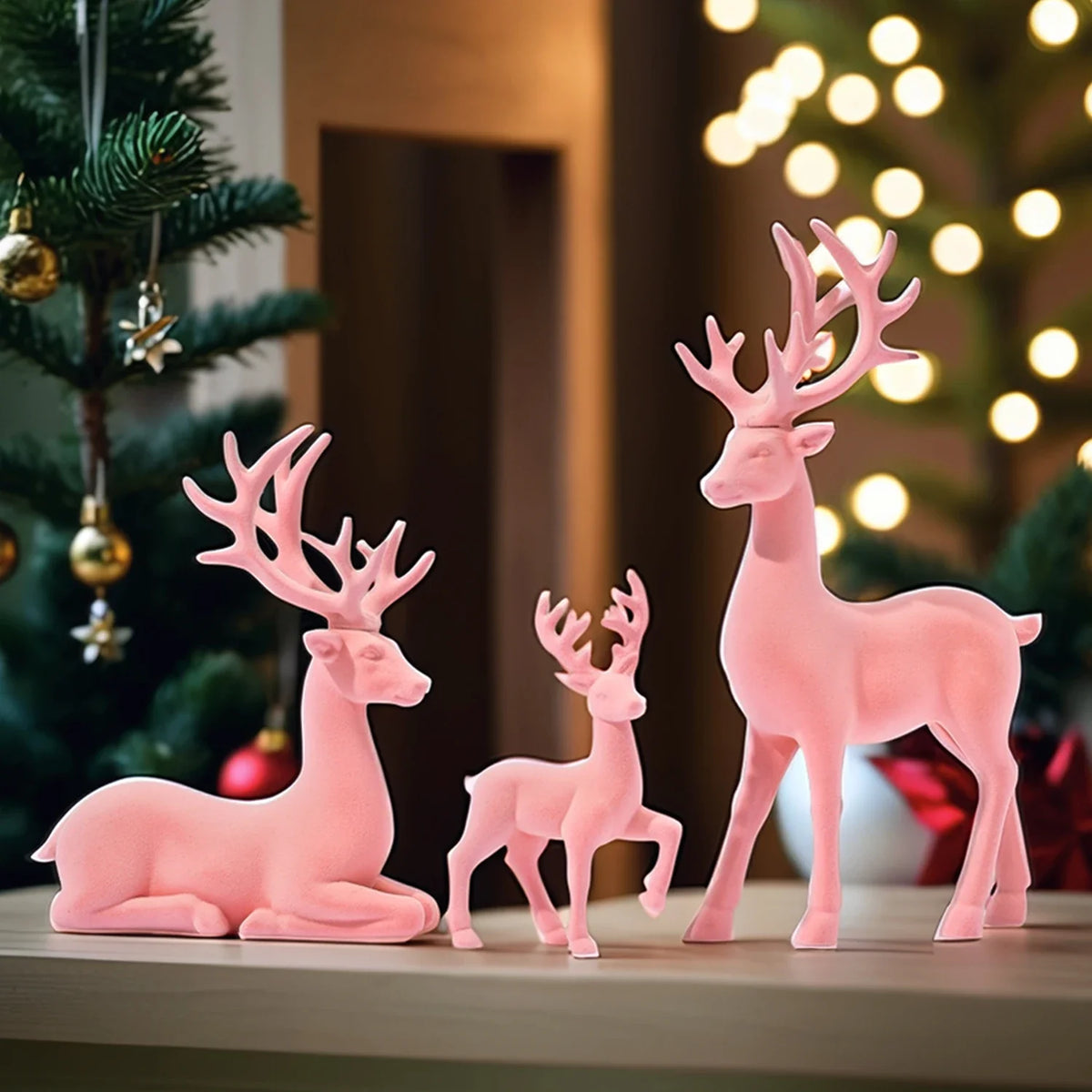 3-piece pink flocked reindeer figurine set in solid resin for Christmas decor by Perfecsy on Tampa Home & Garden Store