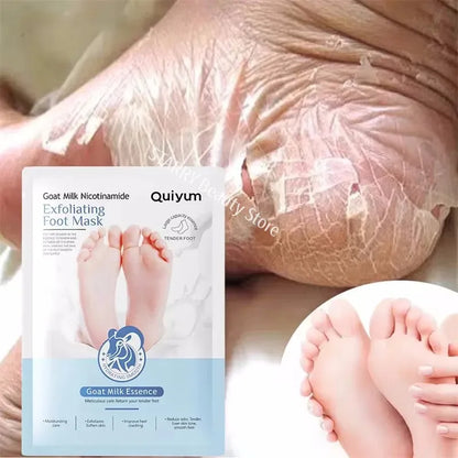 Exfoliating Foot Mask sachet with goat milk essence, blue label, and feet illustration on packaging on Tampa Home & Garden Store