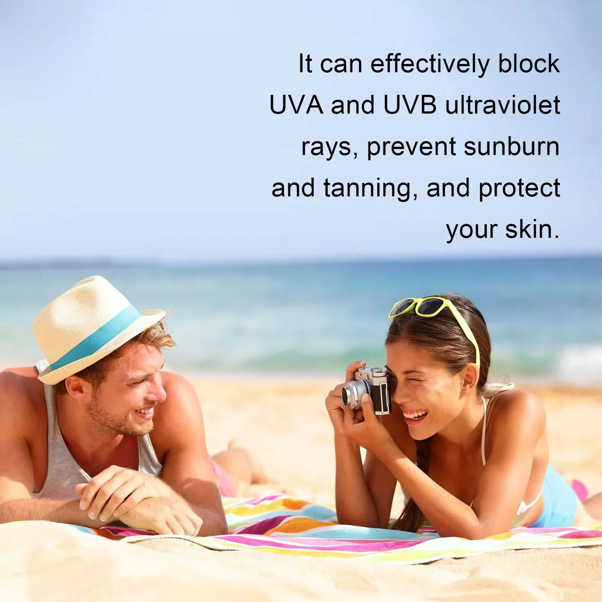 Silcy Skin SPF100 sunscreen UV protector oil-control moisturizing sun cream on beach with couple on Tampa Home & Garden Store