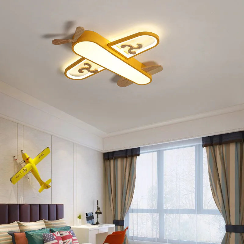 DecorBites Kids Airplane Pendant Light, yellow wood and metal LED ceiling light nursery on Tampa Home & Garden Store