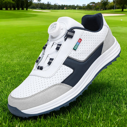 Golf Shoes EstaliosFit white perforated upper with navy trim dial closure anti-slip sole on turf on Tampa Home & Garden Store