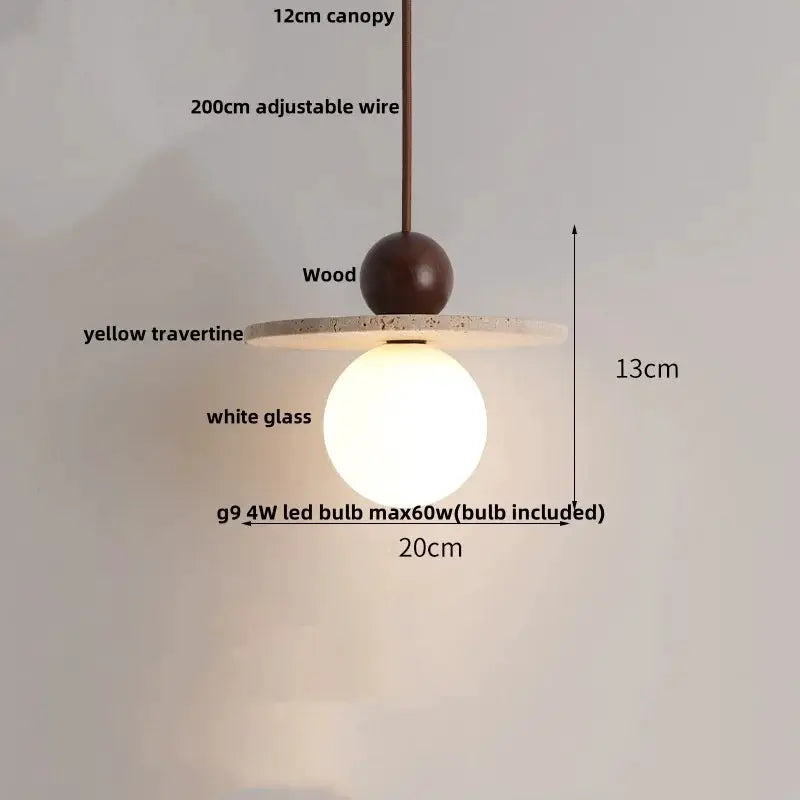 DecorBites LED Pendant Lamp Black Iron with Yellow Travertine disc and White Glass globe on Tampa Home & Garden Store