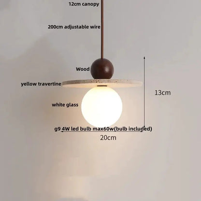 DecorBites LED Pendant Lamp Black Iron with Yellow Travertine disc and White Glass globe on Tampa Home & Garden Store