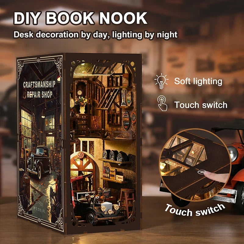 Master Mechanic Workshop DIY Kit book nook by Perfecsy with soft lighting and touch switch on Tampa Home & Garden Store