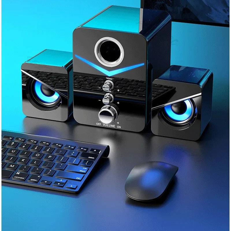 USB desktop speakers with built-in mic wired stereo system in black with blue LED rings on Tampa Home & Garden Store
