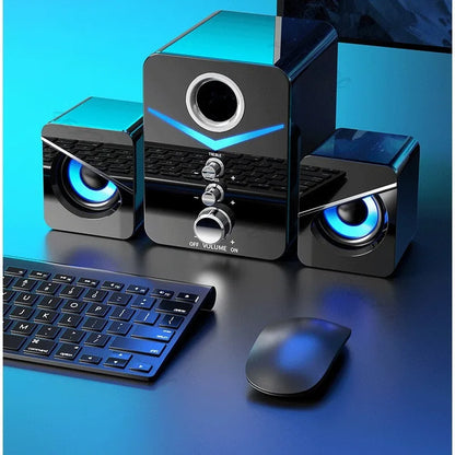 USB desktop speakers with built-in mic wired stereo system in black with blue LED rings on Tampa Home & Garden Store