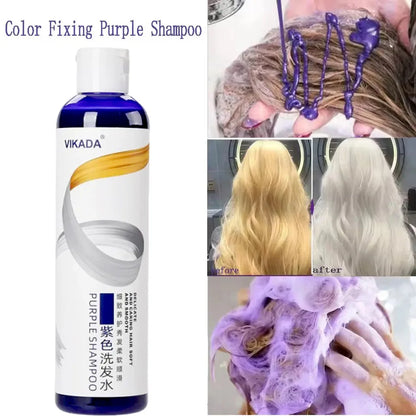 VIKADA Color Fixing Purple Shampoo bottle with white cap; color correction and purple foam on Tampa Home & Garden Store