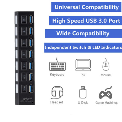 7-Port USB 3.0 Hub by UpTrend Deals, black vertical hub with blue USB ports and power adapter on Tampa Home & Garden Store