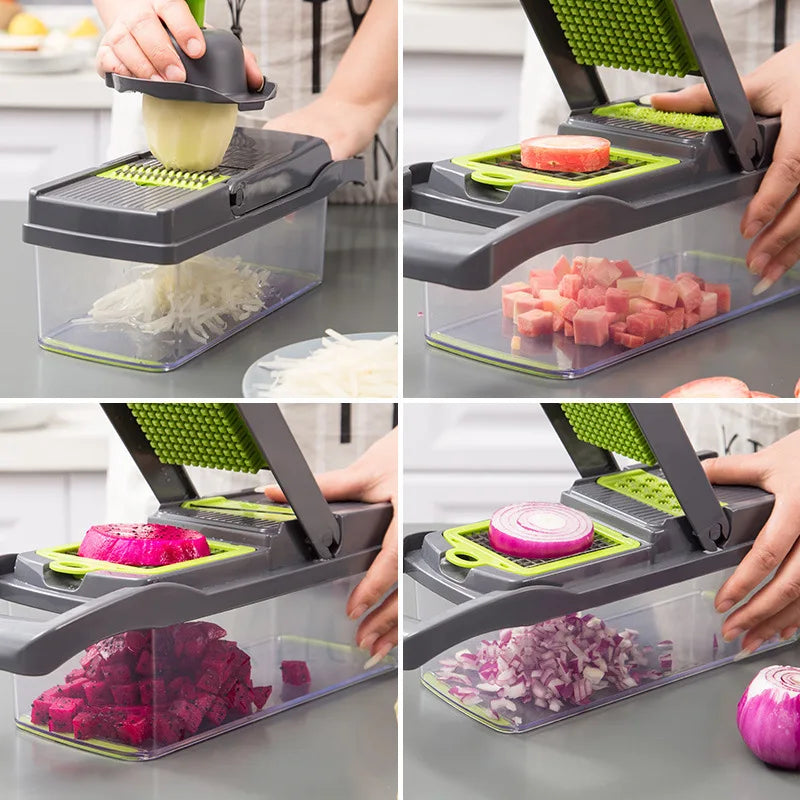 Perfecsy 14/16-in 1 multifunctional vegetable chopper with gray body, green grid blades on Tampa Home & Garden Store
