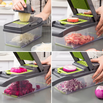 Perfecsy 14/16-in 1 multifunctional vegetable chopper with gray body, green grid blades on Tampa Home & Garden Store