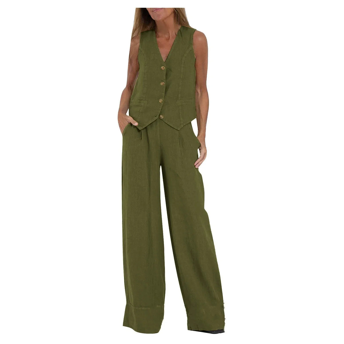 Women's olive green sleeveless vest and pants two-piece suit with button-front vest and wide-leg pants on Tampa Home & Garden Store