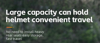 Motorcycle helmet backpack banner with large-capacity travel text on a blurred outdoor background on Tampa Home & Garden Store