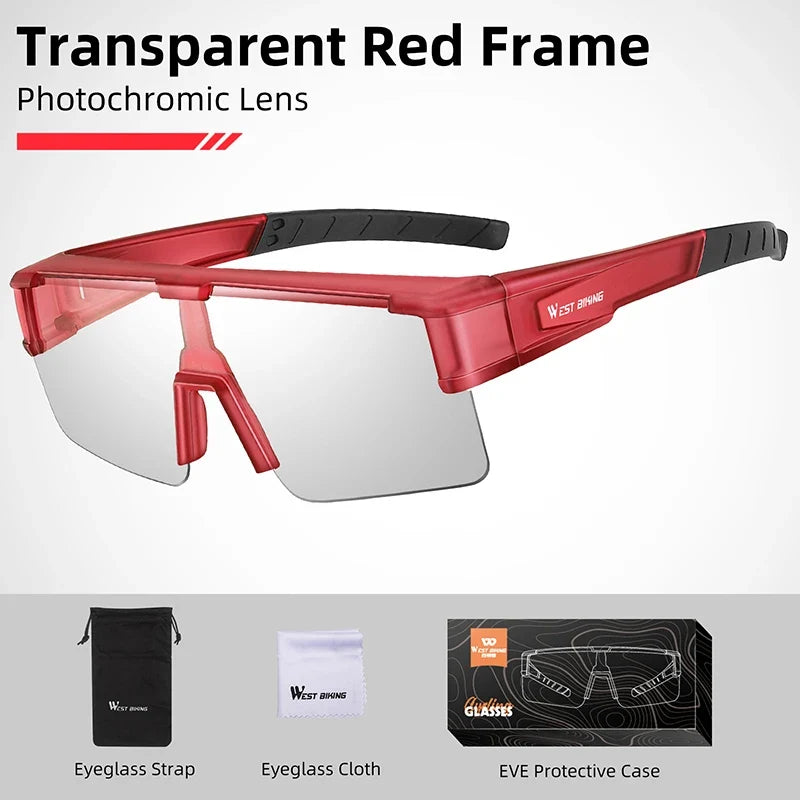WEST BIKING red translucent cycling sunglasses with photochromic UV400 lenses; includes case on Tampa Home & Garden Store
