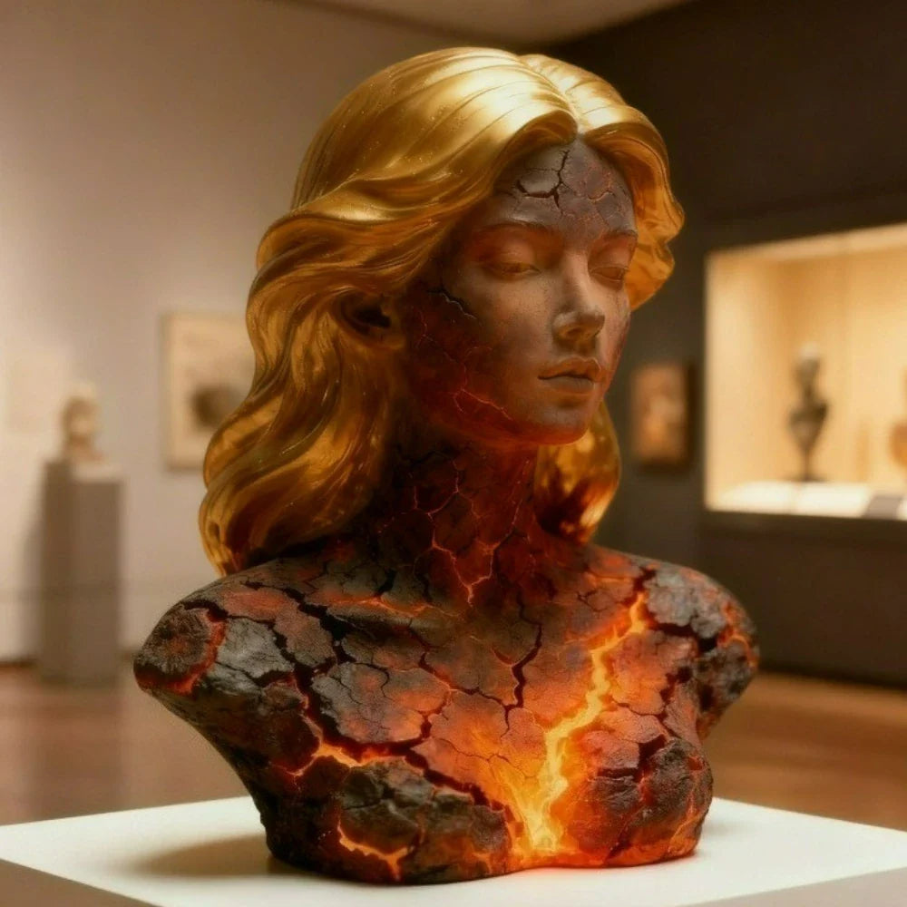 Blazing Maiden figurine bust with lava-cracked torso, glowing veins and golden hair decor piece on Tampa Home & Garden Store