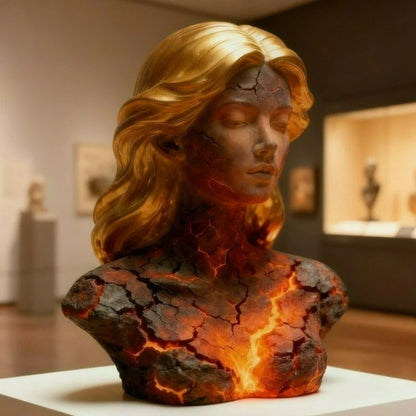 Blazing Maiden figurine bust with lava-cracked torso, glowing veins and golden hair decor piece on Tampa Home & Garden Store