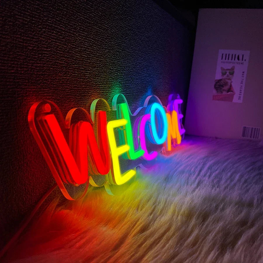 Welcome neon sign, rainbow multicolor USB powered wall lamp by Perfecsy decor on Tampa Home & Garden Store